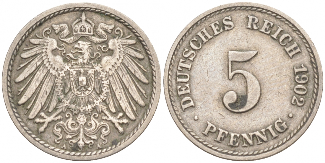 ГЕРМАНИЯ 5 ПФЕННИГОВ 1902 A, KM 11, J. 12 медно-никель 73-1569