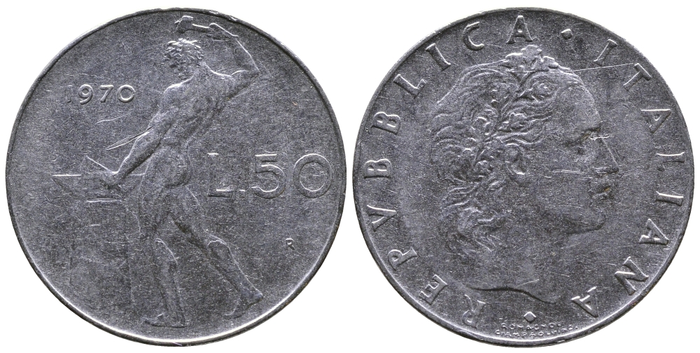 ИТАЛИЯ 50 ЛИР 1970 R, КУЗНЕЦ KM 95.1 сталь 3333-222