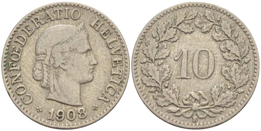 ШВЕЙЦАРИЯ 10 РАППЕНОВ 1908 В KM 27 медно-никель 206-1216