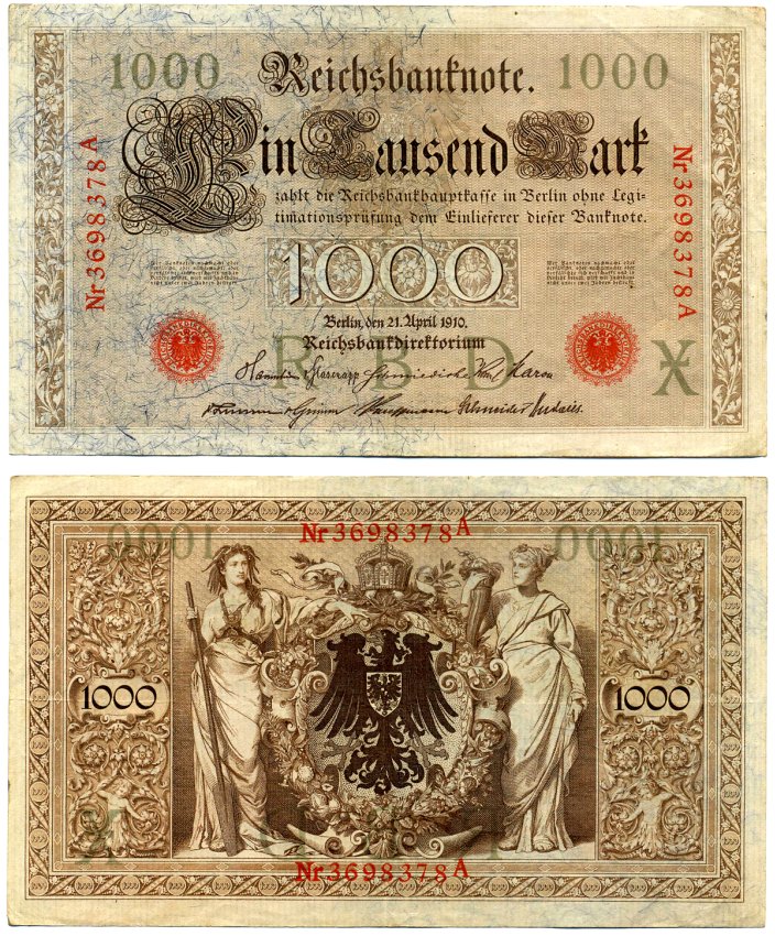 Германия 1000 марок 1910 21 апреля 1910, красная печать, номер семизначный, серия A, буква X, выпуск АПРЕЛЬ - ИЮЛЬ 1918 Pick 44, Роземберг 45b бумага VF- 2194-23-1-1