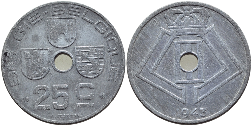 БЕЛЬГИЯ 25 САНТИМОВ 1943 BELGIE-BELGIQUE, ГЕРМАНСКАЯ ОККУПАЦИЯ, ВТОРАЯ МИРОВАЯ ВОЙНА KM 132 цинк 86-1514