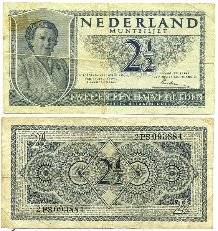 НИДЕРЛАНДЫ 2 1/2 ГУЛЬДЕНА 1949 8 АВГУСТА 1949, КОРОЛЕВА ЮЛИАНА Pick 73 бумага 7484-54-3