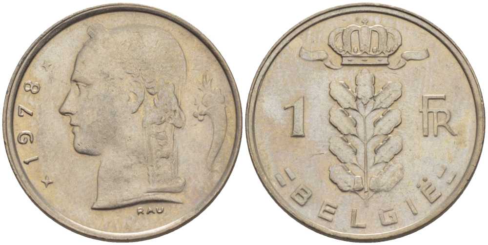 БЕЛЬГИЯ 1 ФРАНК 1978 BELGIE, БОДУЭН I (1951-1993) KM 143.1 медно-никель 202-1116