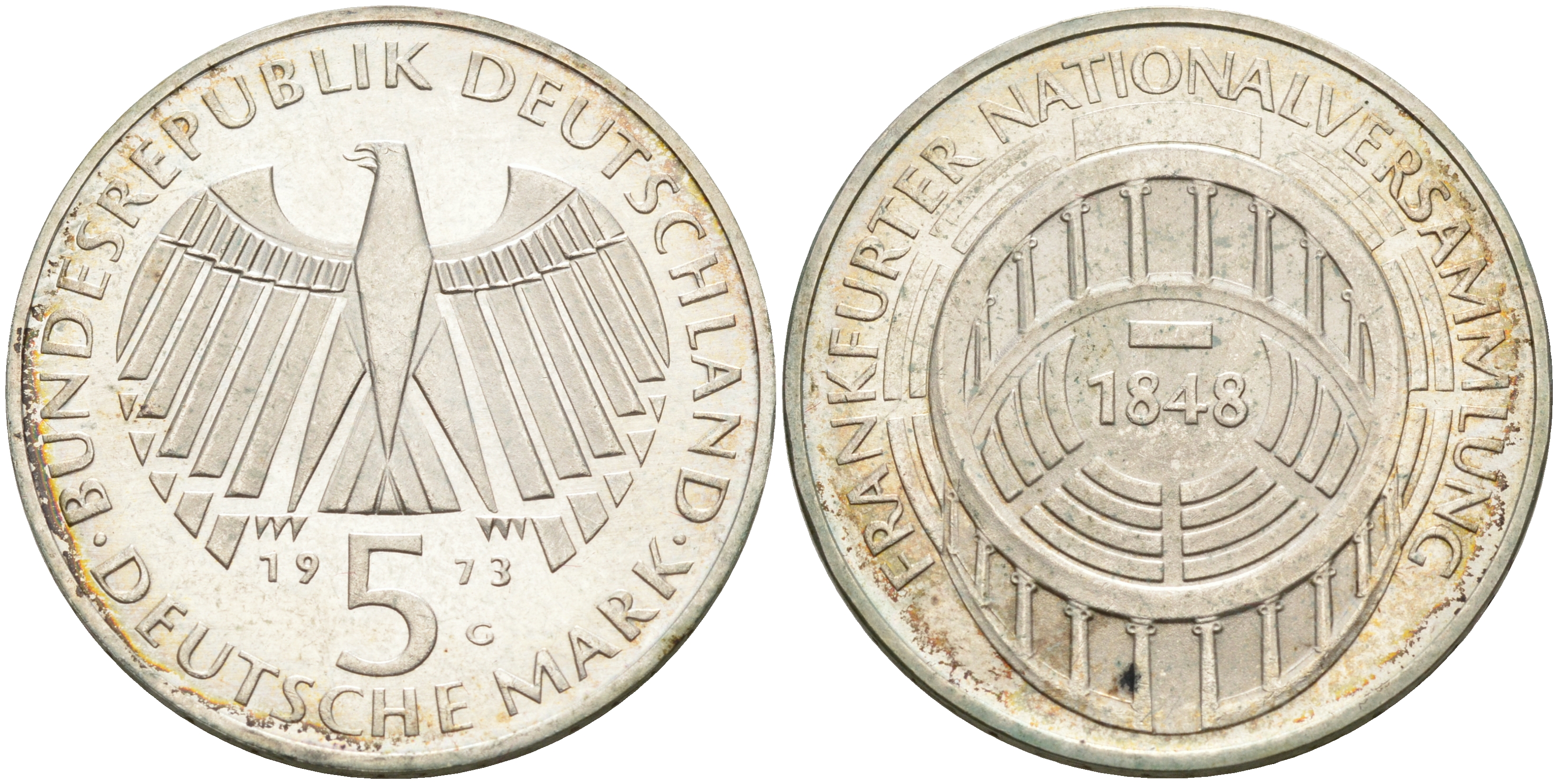 ФРГ 5 МАРОК 1973 G, 125 ЛЕТ ФРАНКФУРТСКОМУ ПАРЛАМЕНТУ KM 137, J. 412 серебро UNC 75-313