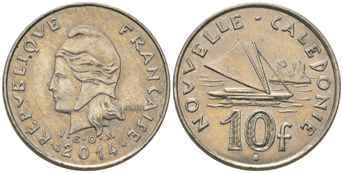 Французская Новая Каледония 10 франков 2014 рыбачья парусная лодка, (IEOM) KM 11a, Schoen 13a, Lec 99k медно-никель 67-1134