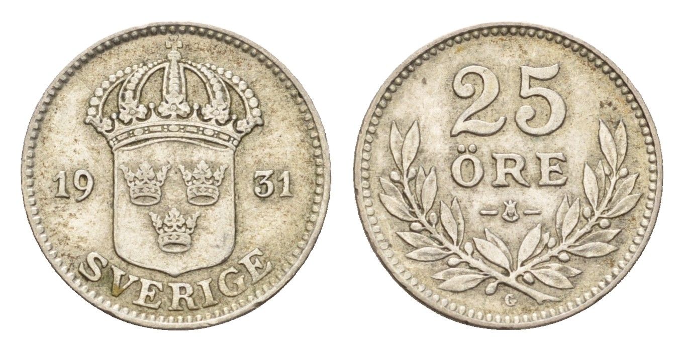 Швеция 25 эре 1931 Густав V (1907-1950) KM 785 серебро 4124-836