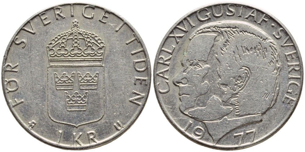 Швеция 1 крона 1977 Карл XVI Густав (1973- ) KM 852 медь плакированная медно-никелем 4397-151