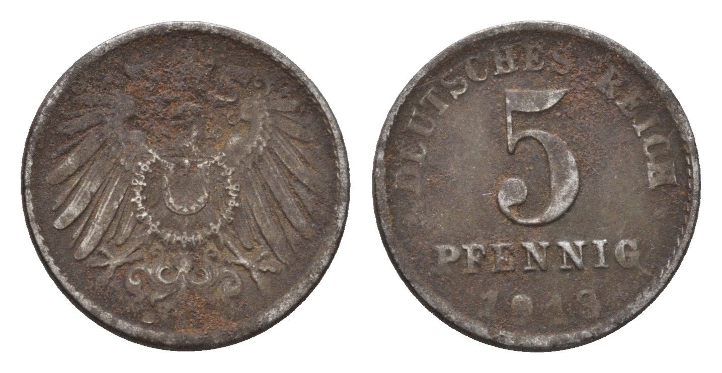 Германия 5 пфеннигов 1918 D KM 19, J. 397 железо плакированная цинком 177-1157