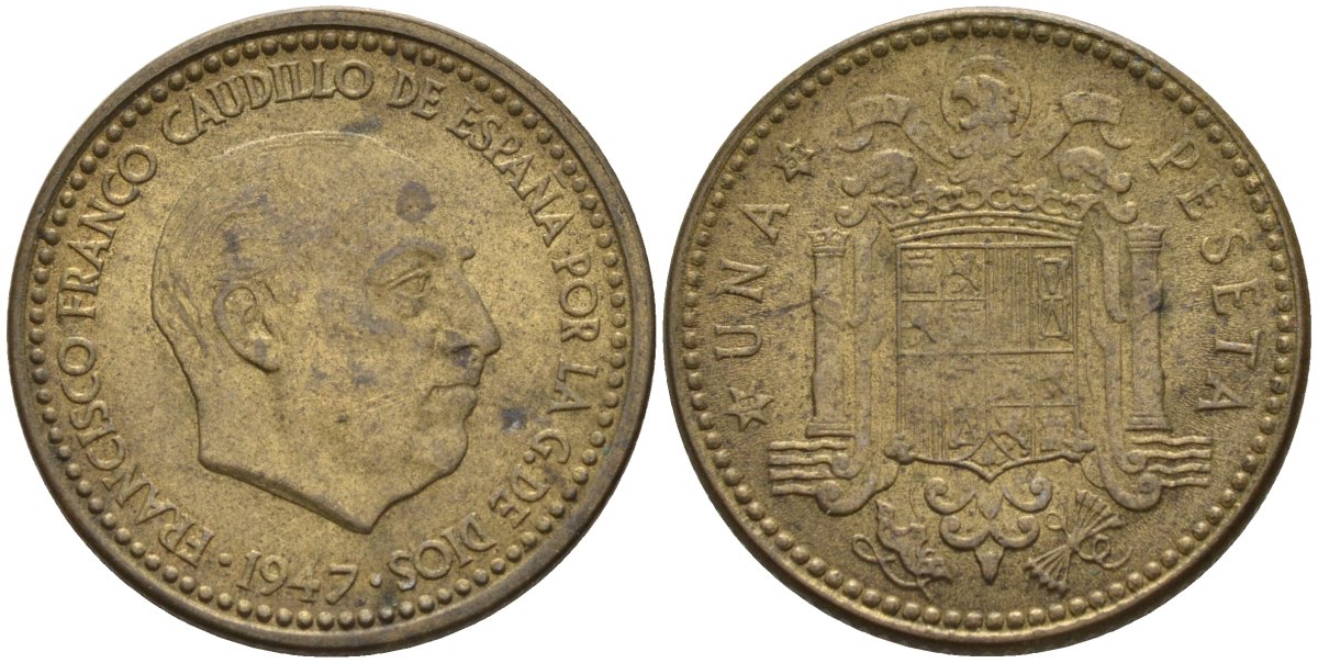 Испания 1 песета 1947 (52) Франсиско Франко (1939 - 1975) KM 775 алюминиевая бронза 4155-323