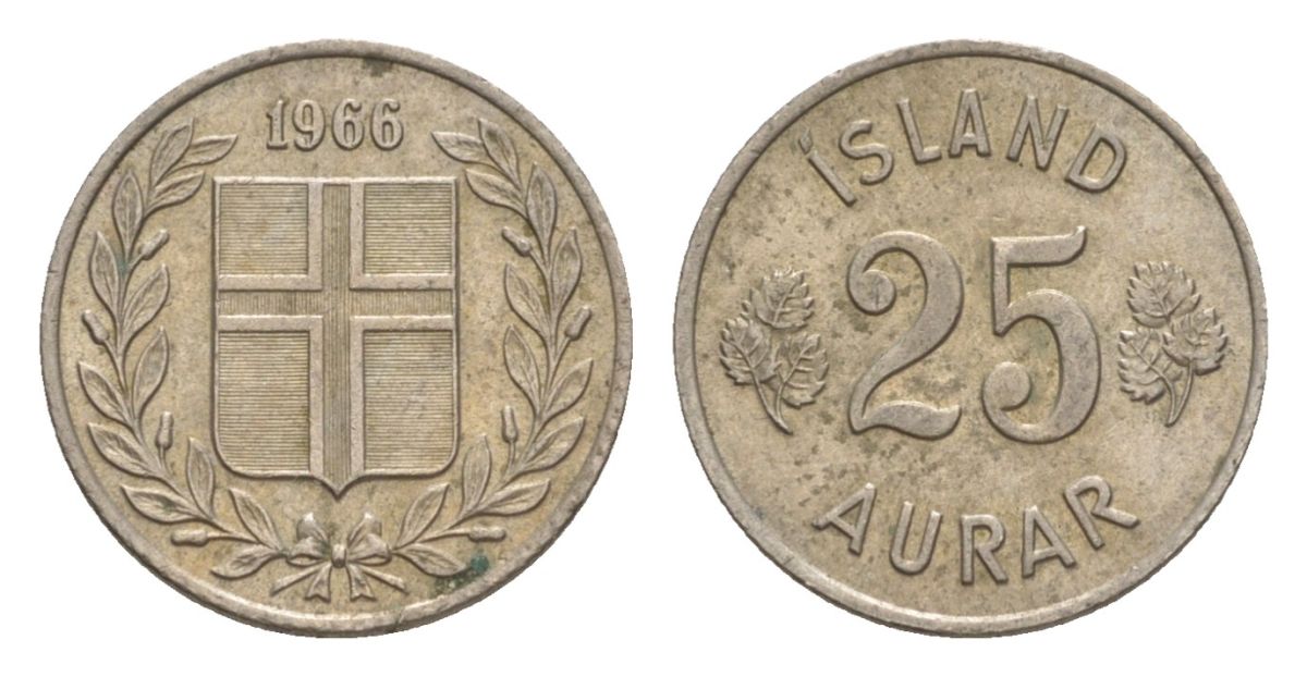 Исландия 25 эйре 1966 KM 11 медно-никель UNC 4632-951