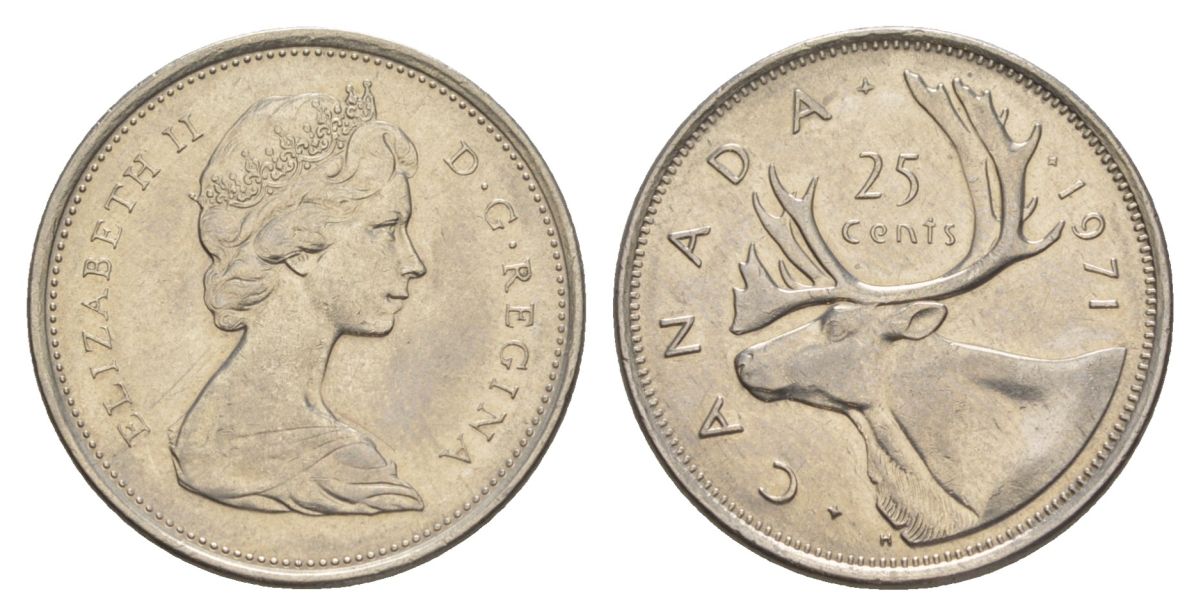 Канада 25 центов 1971 Елизавета II (1952-2022), олень KM 62b никель 4631-614