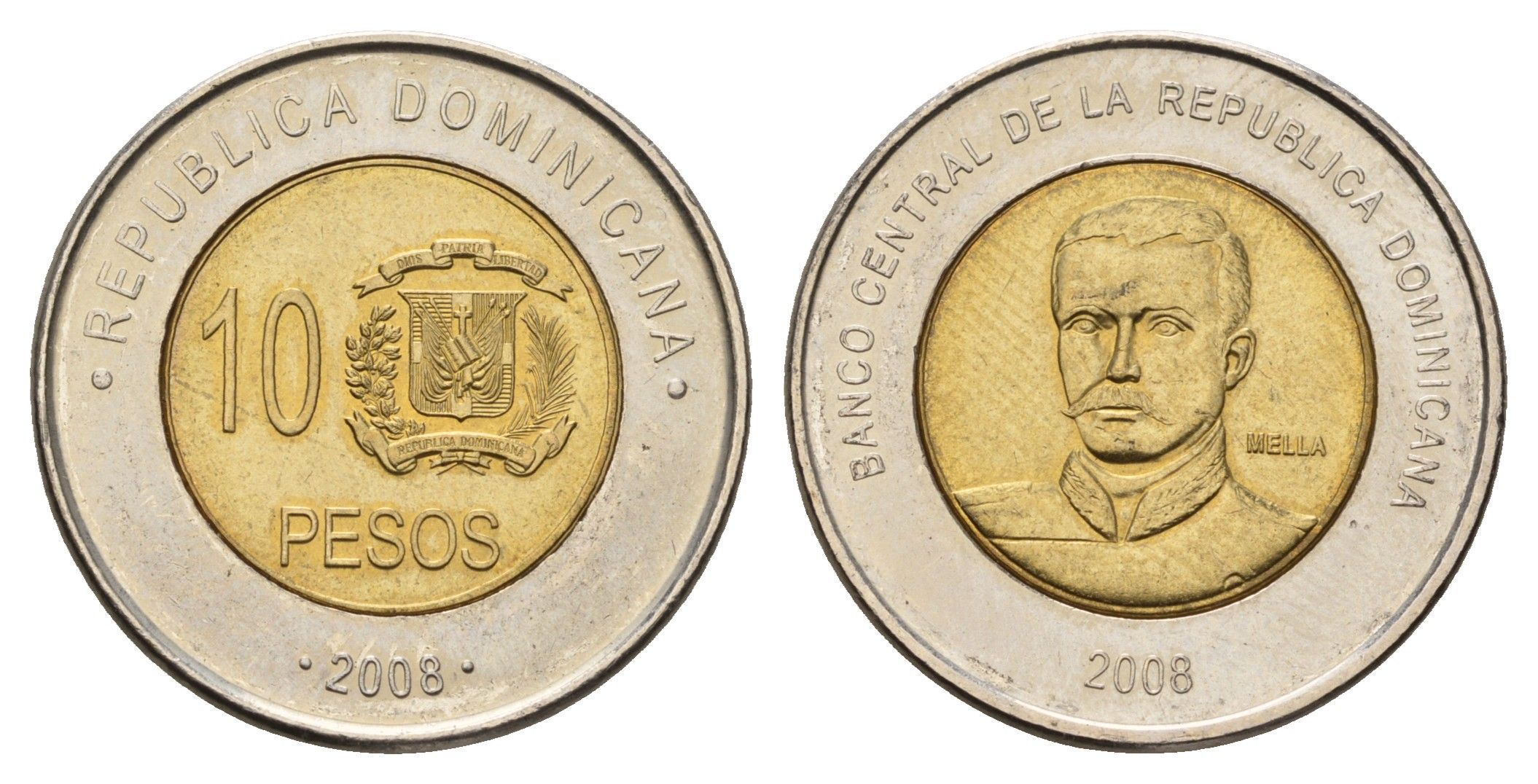 Доминиканская Республика (Доминикана) 10 песо 2008 KM 106 биметалл aUNC 4666-912