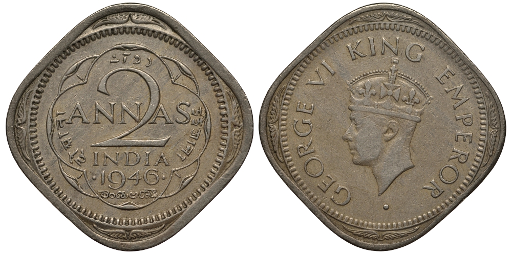 Британская Индия 2 анна 1946 Георг VI (1936-1952) KM 542 медно-никель 119-222