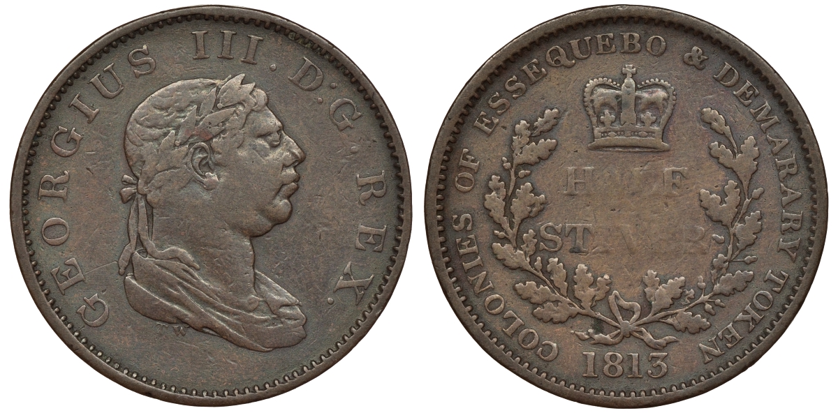 Эссекибо и Демерари, Британская Гвиана 1/2 стивер 1813 Георг III KM 9 медь 1526-525