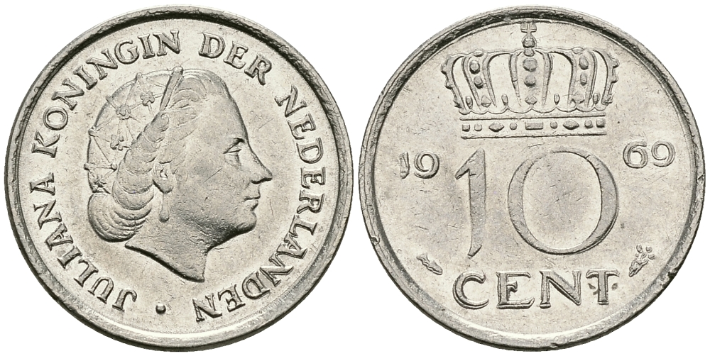 Нидерланды 10 центов 1969 Юлиана (1948-1980) KM 182 никель 96-367