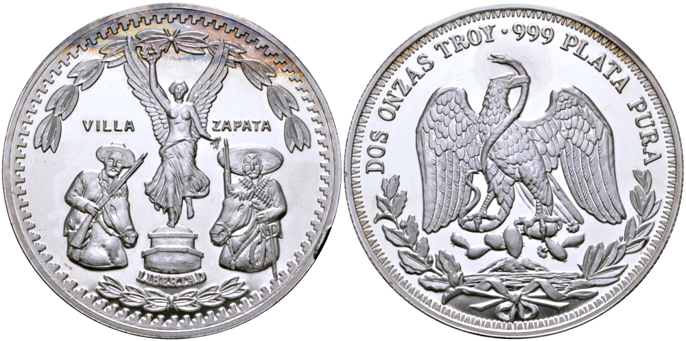 Мексика 2 унции ND богиня победы Ника, с венком, Мексиканские революционеры, диаметр 48 мм., вес 2 тройские унции серебро PROOF 00-00