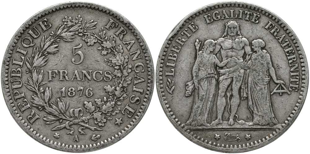 Франция 5 франков 1876 А, Геракл с богинями равенства и братства KM 820.1 серебро 633-1145