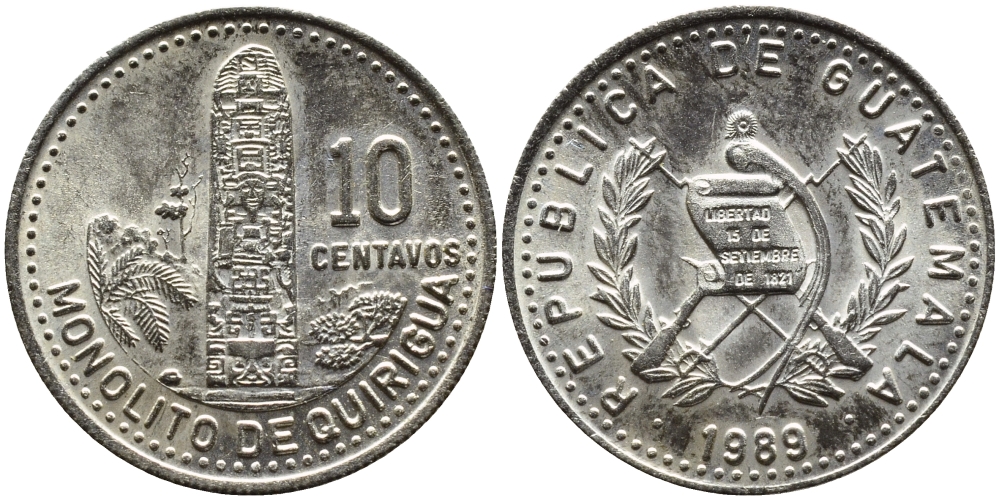 Гватемала 10 сентаво 1989 монолиты Киригуа KM 277.5 медно-никель UNC 00-00
