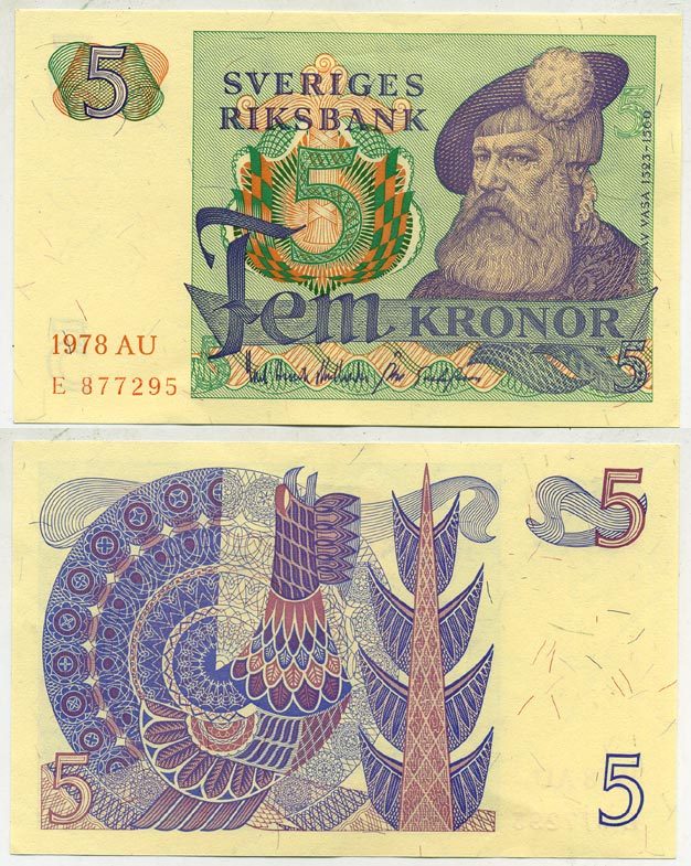 Швеция 5 крон 1978 AU, Густав I Ваза Pick 51d бумага aUNC 444-113-3