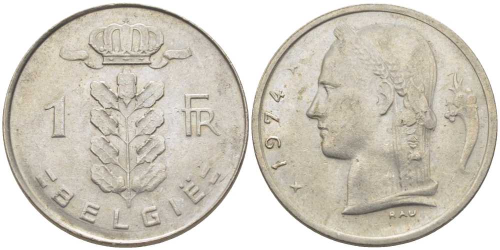 БЕЛЬГИЯ 1 ФРАНК 1974 BELGIE, БОДУЭН I (1951-1993) KM 143.1 медно-никель 119-633