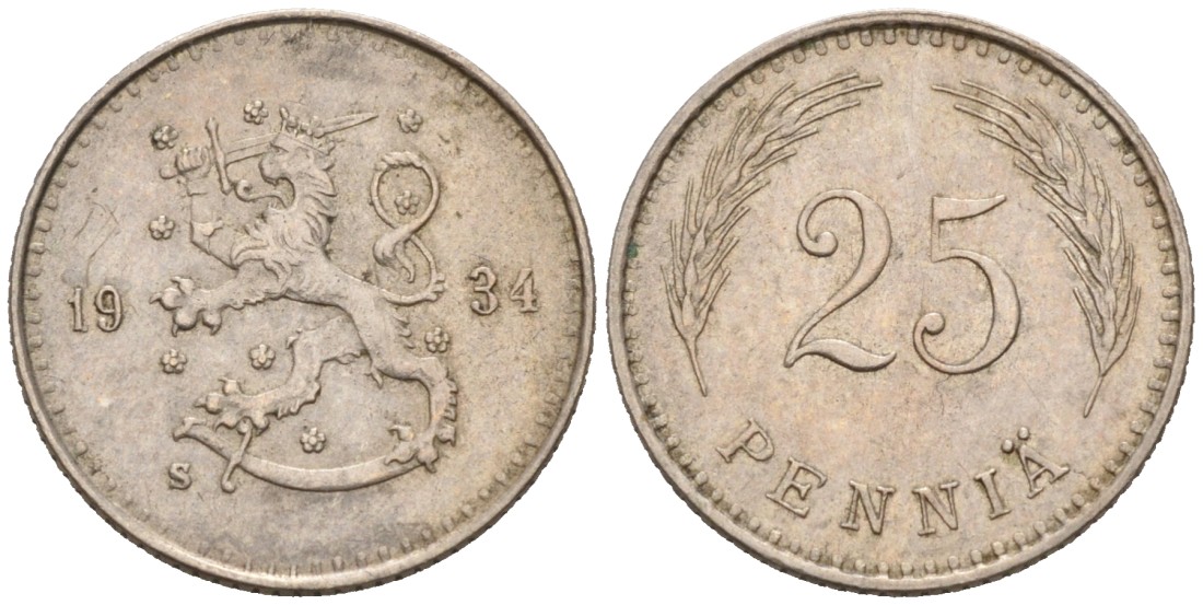 ФИНЛЯНДИЯ 25 ПЕННИ 1934 S KM 25 медно-никель 192-1155