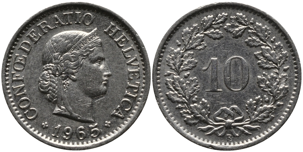 Швейцария 10 раппенов 1965 В KM 27 медно-никель 33-246