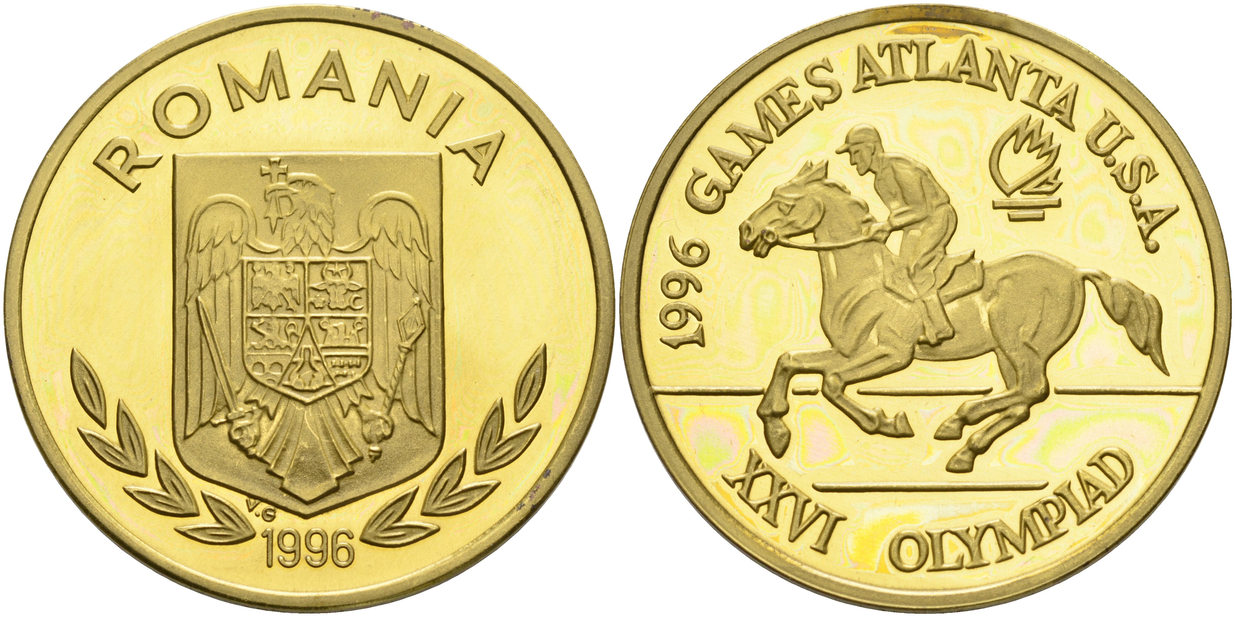 Румыния 100 леев 1996 XXVI Олимпийские игры 1996 года в Атланте, 100 лет Олимпийскому движению, скачки, пробный выпуск KM PnB 315A латунь  PROOF  11-159-41