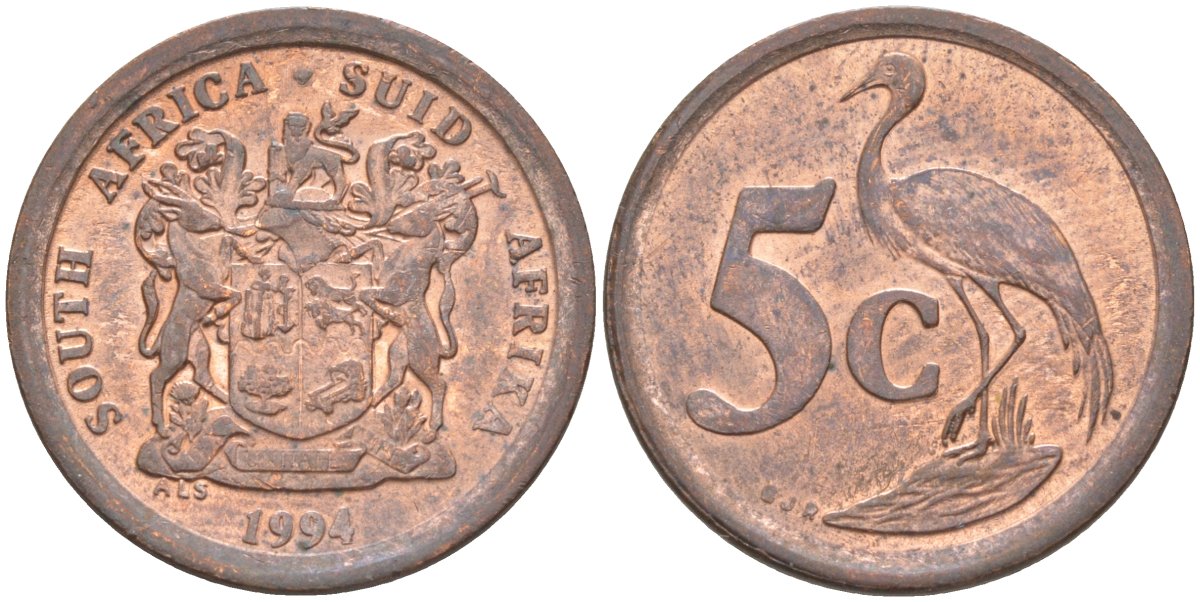 ЮАР 5 центов 1994 РАЙСКИЙ ЖУРАВЛЬ KM 134 сталь плакированная медью 219-1242