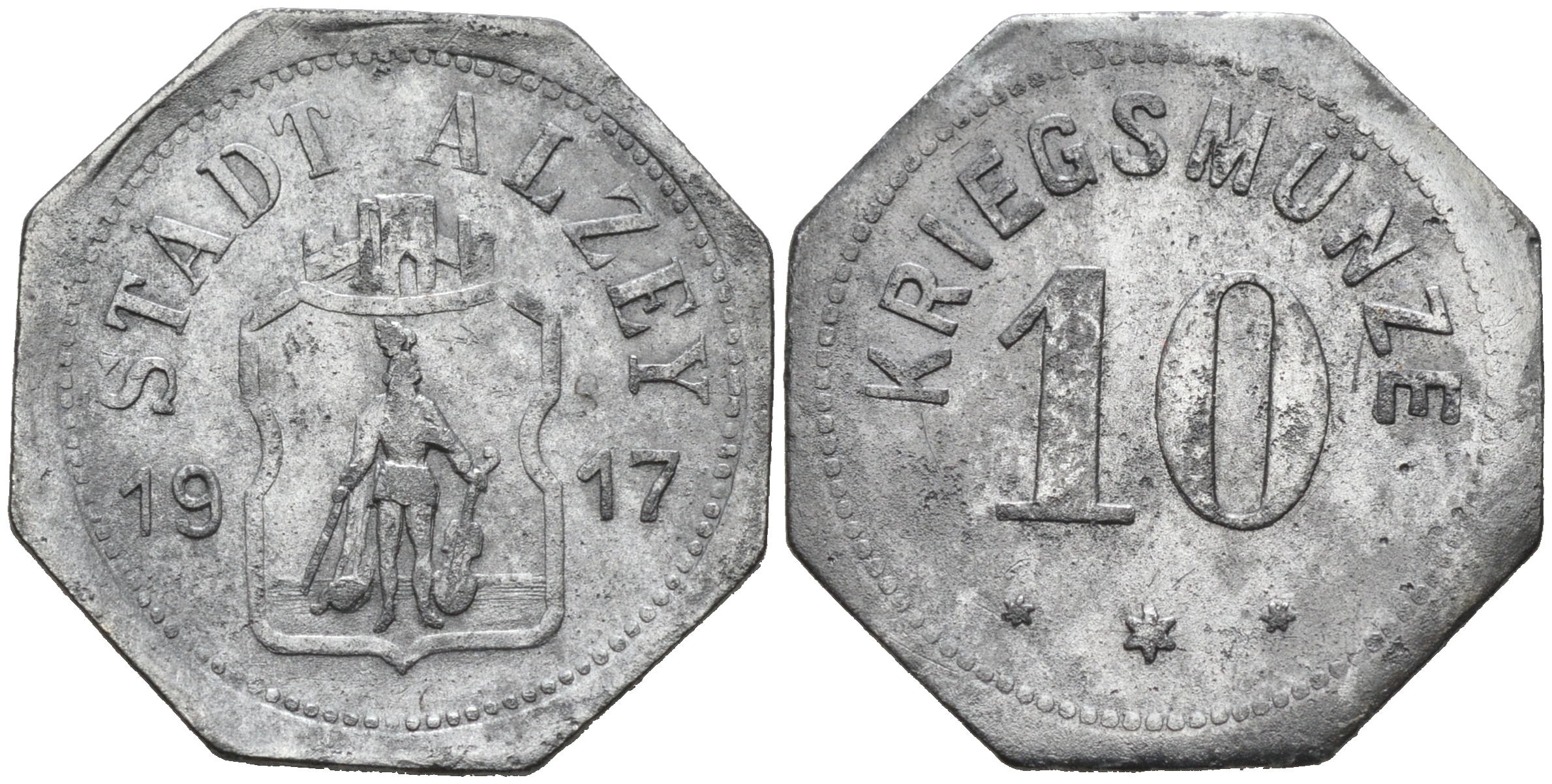 ГЕРМАНИЯ ГЕССЕН АЛЦЕЙ 10 ПФЕННИГОВ 1917 КРИГСМЮНЦЕ цинк 75-1555