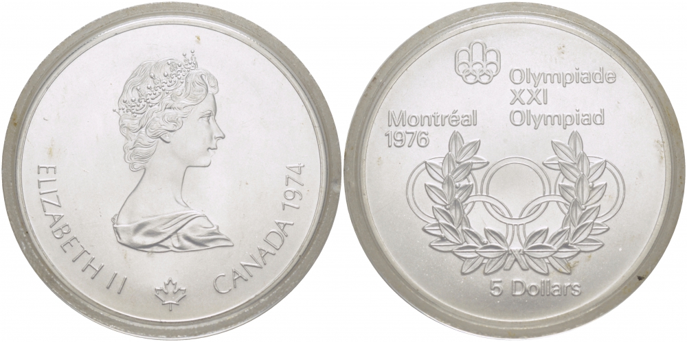 Канада 5 долларов 1974 XXI летние Олимпийские игры в Монреале 1976 года, Олимпийские кольца KM 89 серебро UNC 11-177-41