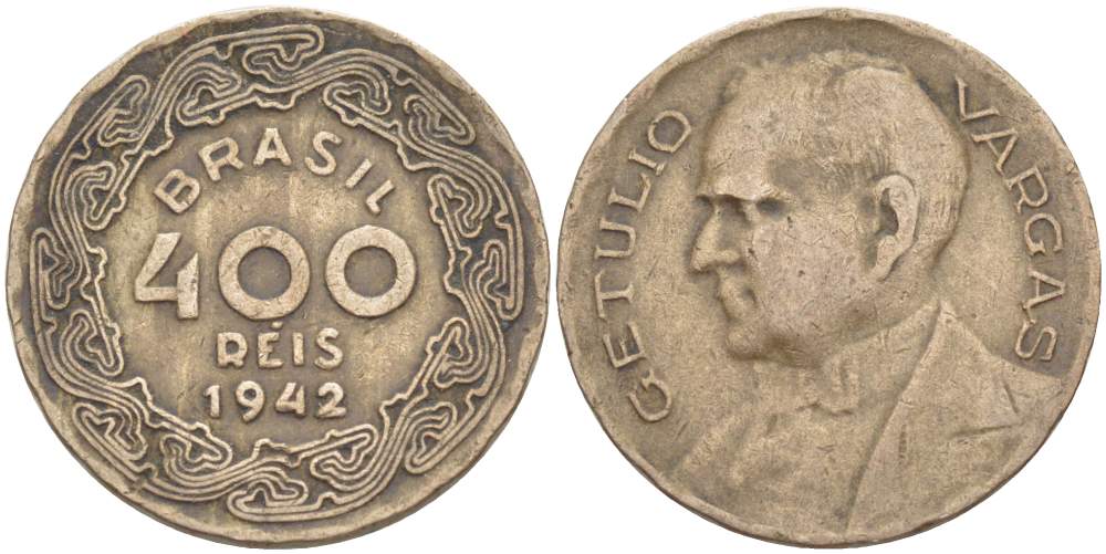 БРАЗИЛИЯ 400 РЕЙС 1942 ЖЕТУЛИО ВАРГАС KM 547 медно-никель 4529-617