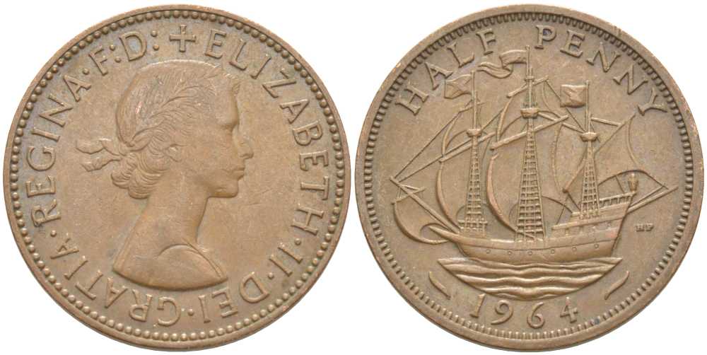 Великобритания 1/2 пенни 1964 Елизавета II (1952-2022) KM 896, Spink 4158 бронза 113-243