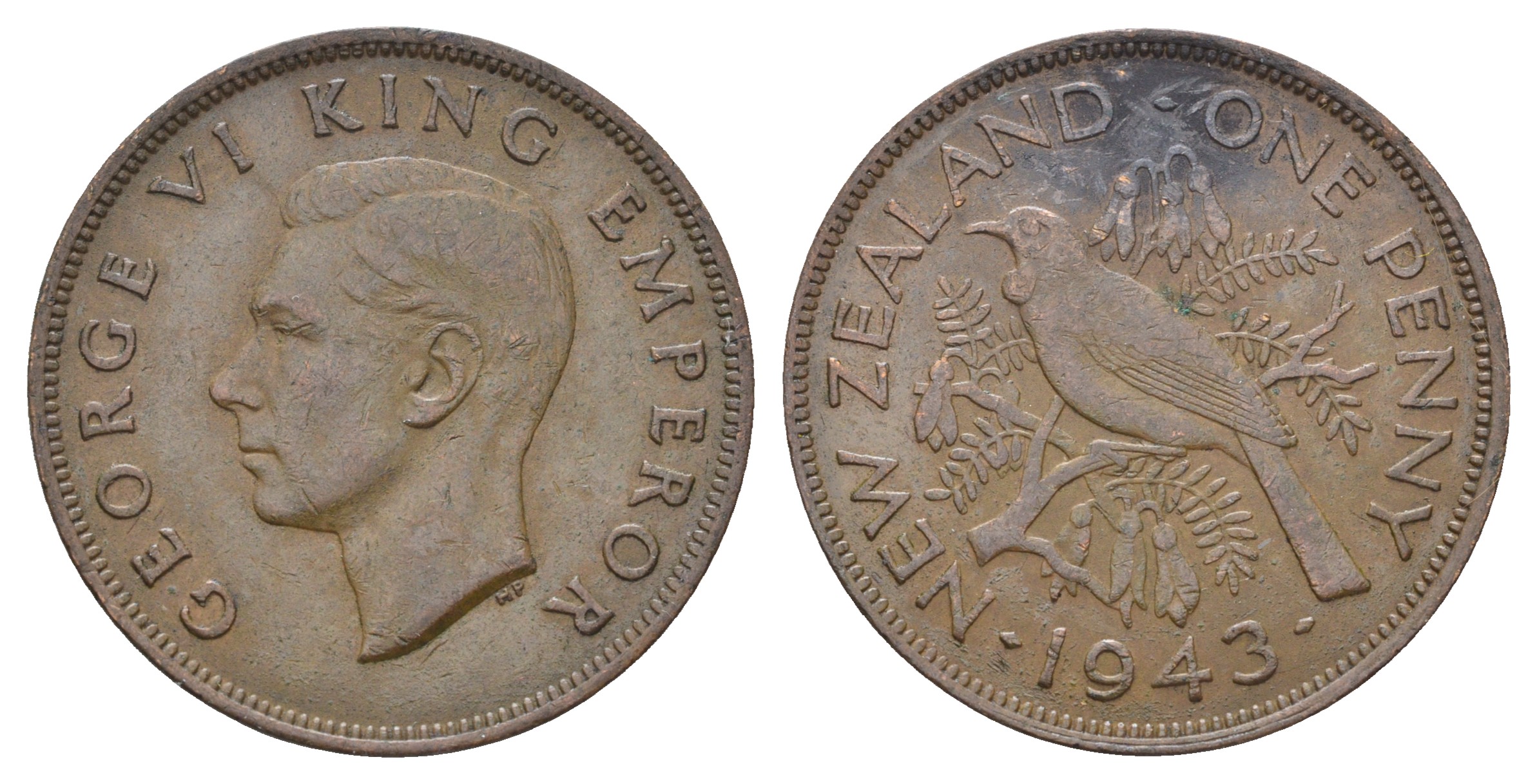 Новая Зеландия 1 пенни 1943 Георг VI (1936-1952), новозеландский туи KM 13 бронза    4403-946