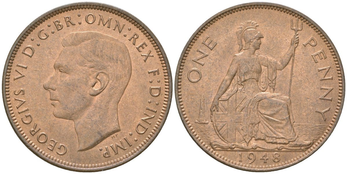 Великобритания 1 пенни 1948 Георг VI (1936-1952) KM 845, Spink 4114 бронза    82-841