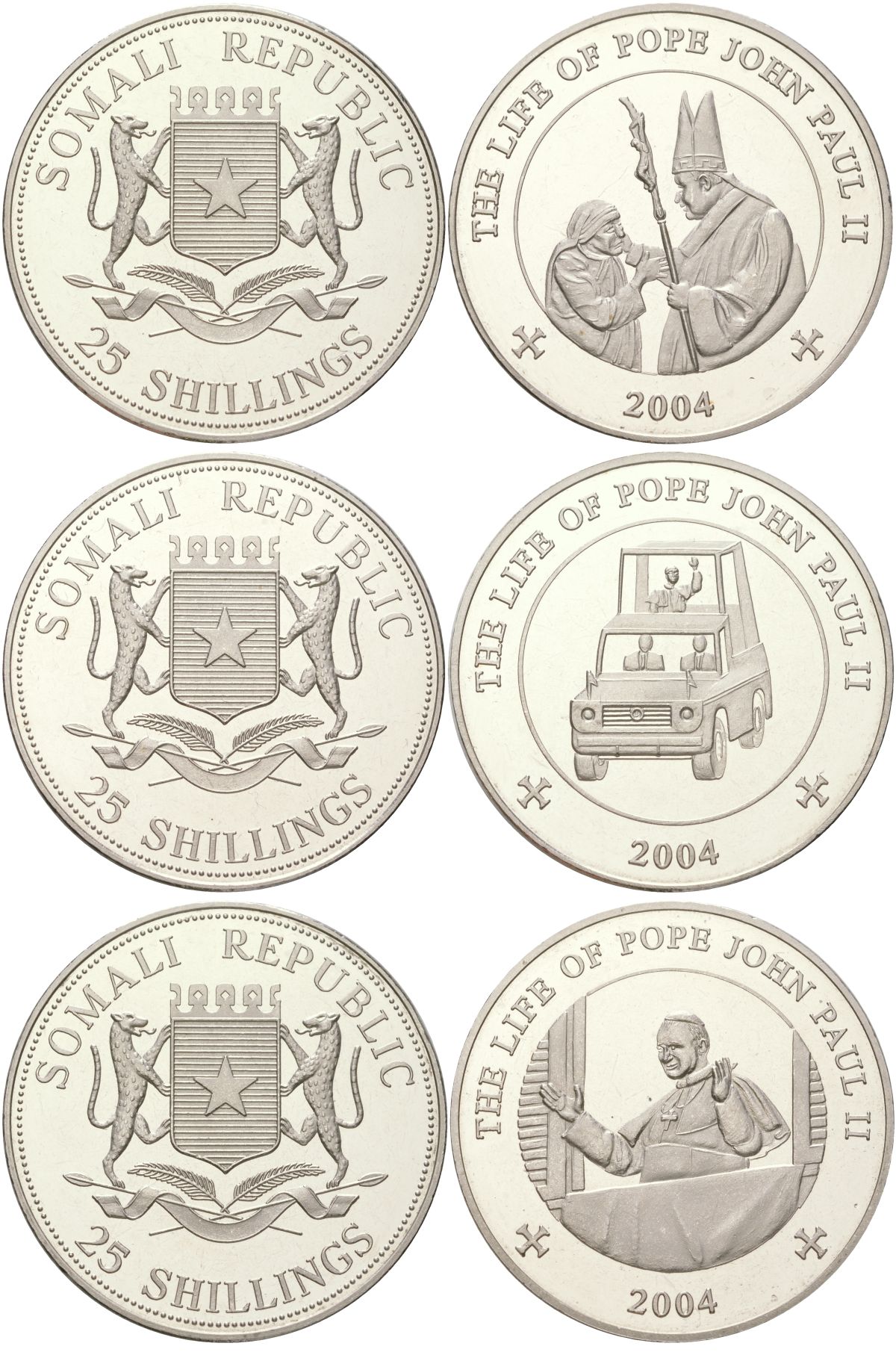 Сомали полный набор из 3 монет (25 шиллингов) 2004 Жизнь Иоанна Павла II KM 155, 156 и 157 медно-никель PROOF 1529-822-824