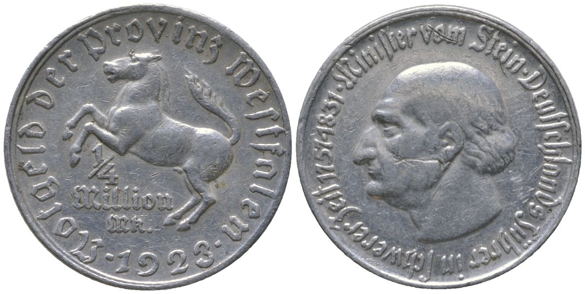 Вестфалия 1/4 миллиона марок = 250000 марок 1923 Funck 645.8, Men18 33512.20 алюминий 4610-742