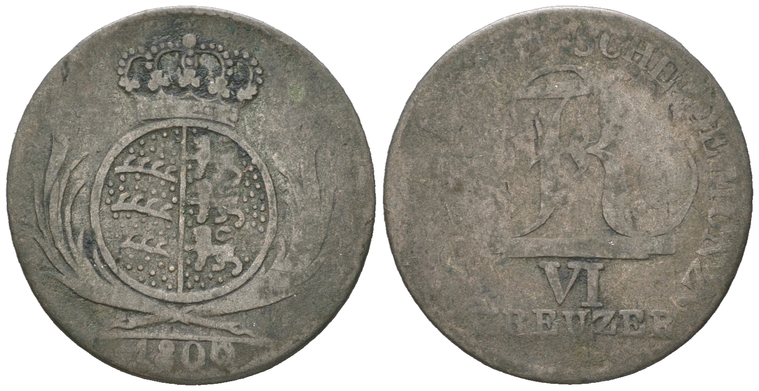Вюртемберг 6 крейцеров 1806 Фридрих I (1806-1816) KM 495, AKS 49 серебро 54-847