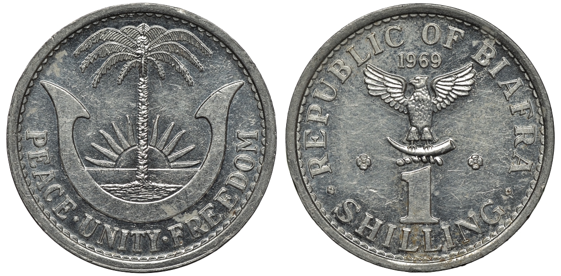 Биафра 1 шиллинг 1969 независимая республика KM 2 алюминий aUNC 11-264-65