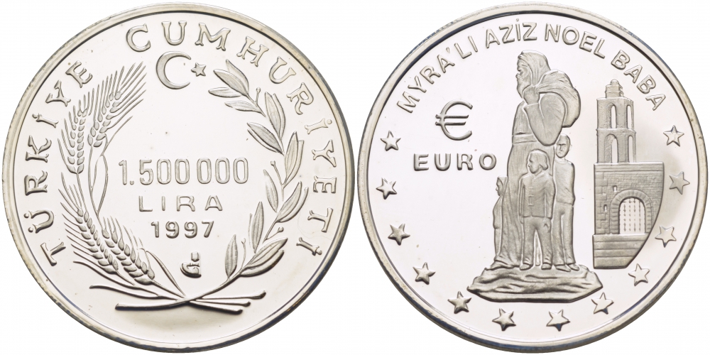 Турция 1500000 лир 1997 Санта-Клаус из Миры (Николай Чудотворец) KM 1100 серебро PROOF 1068-4-14