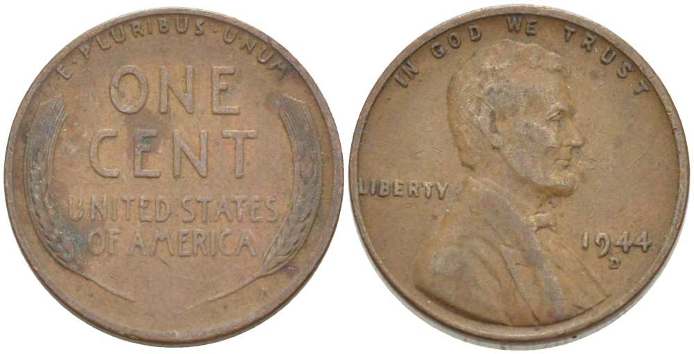 США 1 ЦЕНТ 1944 D, ЛИНКОЛЬН KM А132 медь цинк 218-145