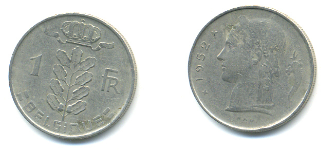 БЕЛЬГИЯ 1 ФРАНК 1952 BELGIQUE KM 142.1 медно-никель 86-1331