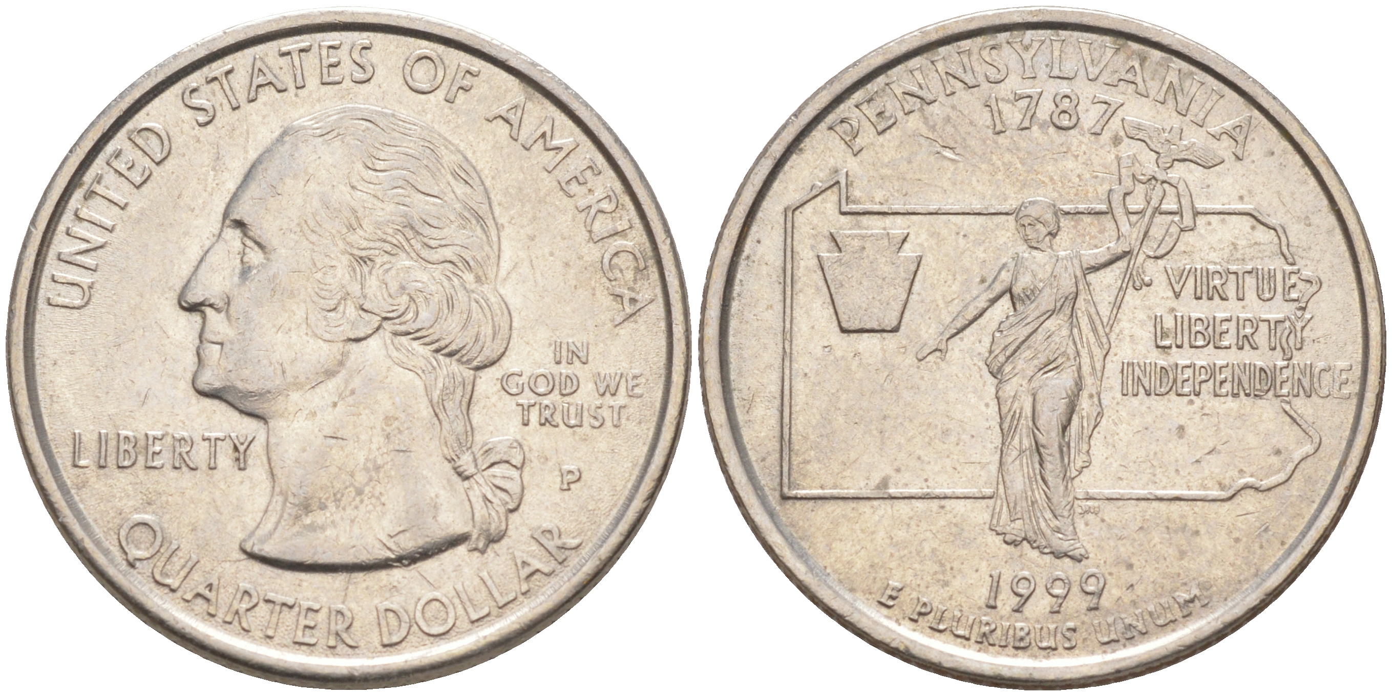 США 25 центов = квотер 1999 Р, серия штаты США, Пенсильвания KM 294 медь плакированная медно-никелем 4114-135