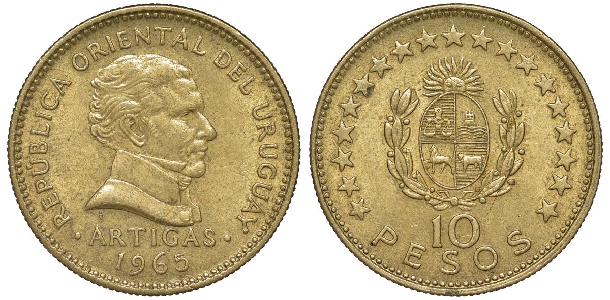 Уругвай 10 песо 1965 KM 48 алюминиевая бронза 4572-431