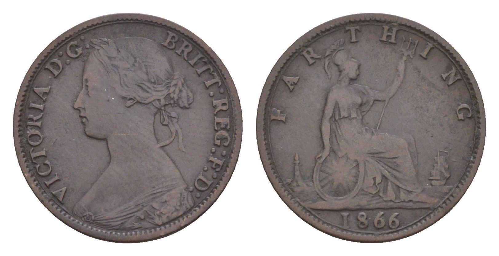 Великобритания 1 фартинг 1866 Виктория (1837-1901) KM 747.2, Spink 3958 бронза 4658-922