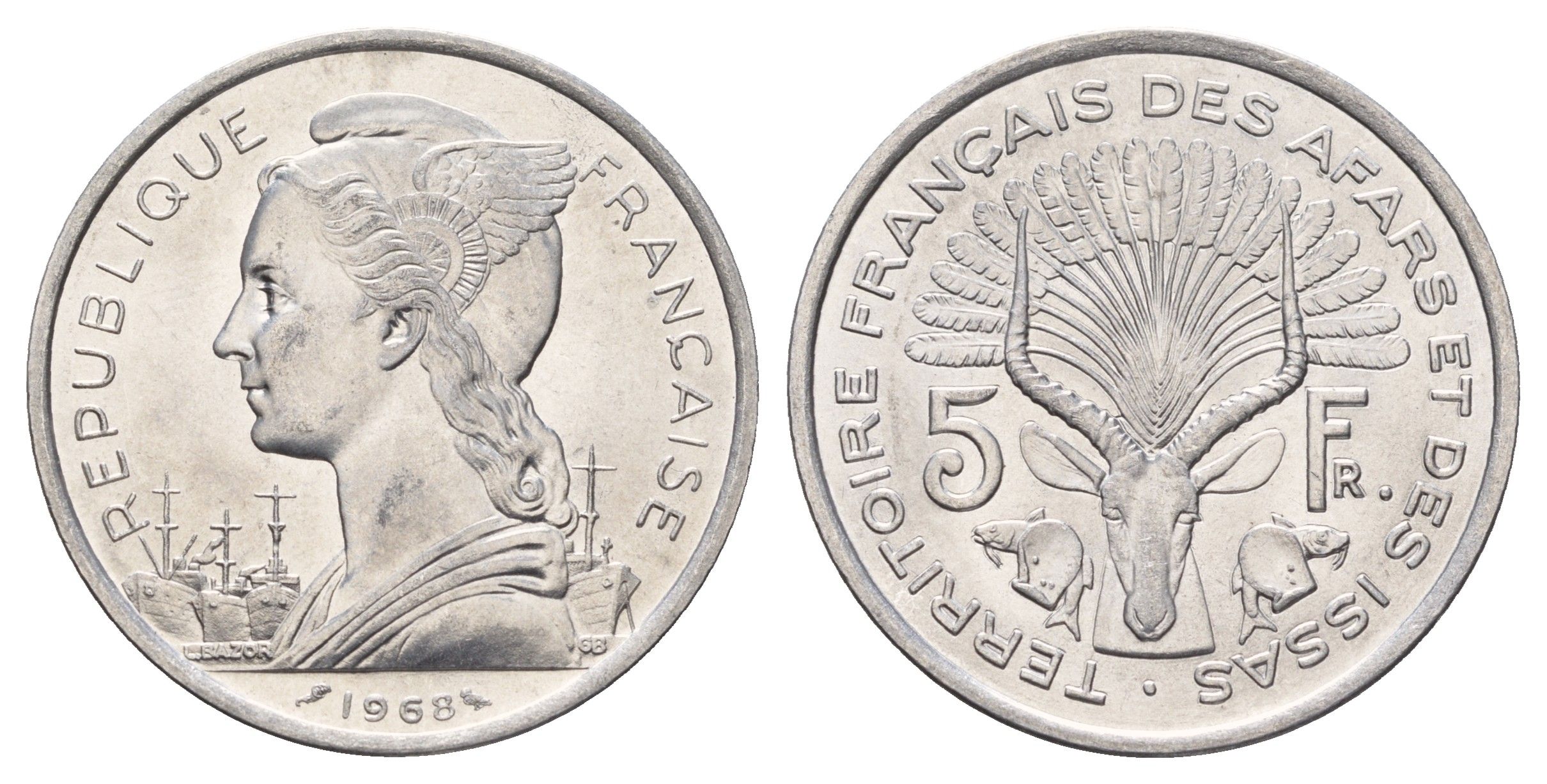 Французские афар и исса 5 франков 1968 KM 14 алюминий UNC 4127-1915