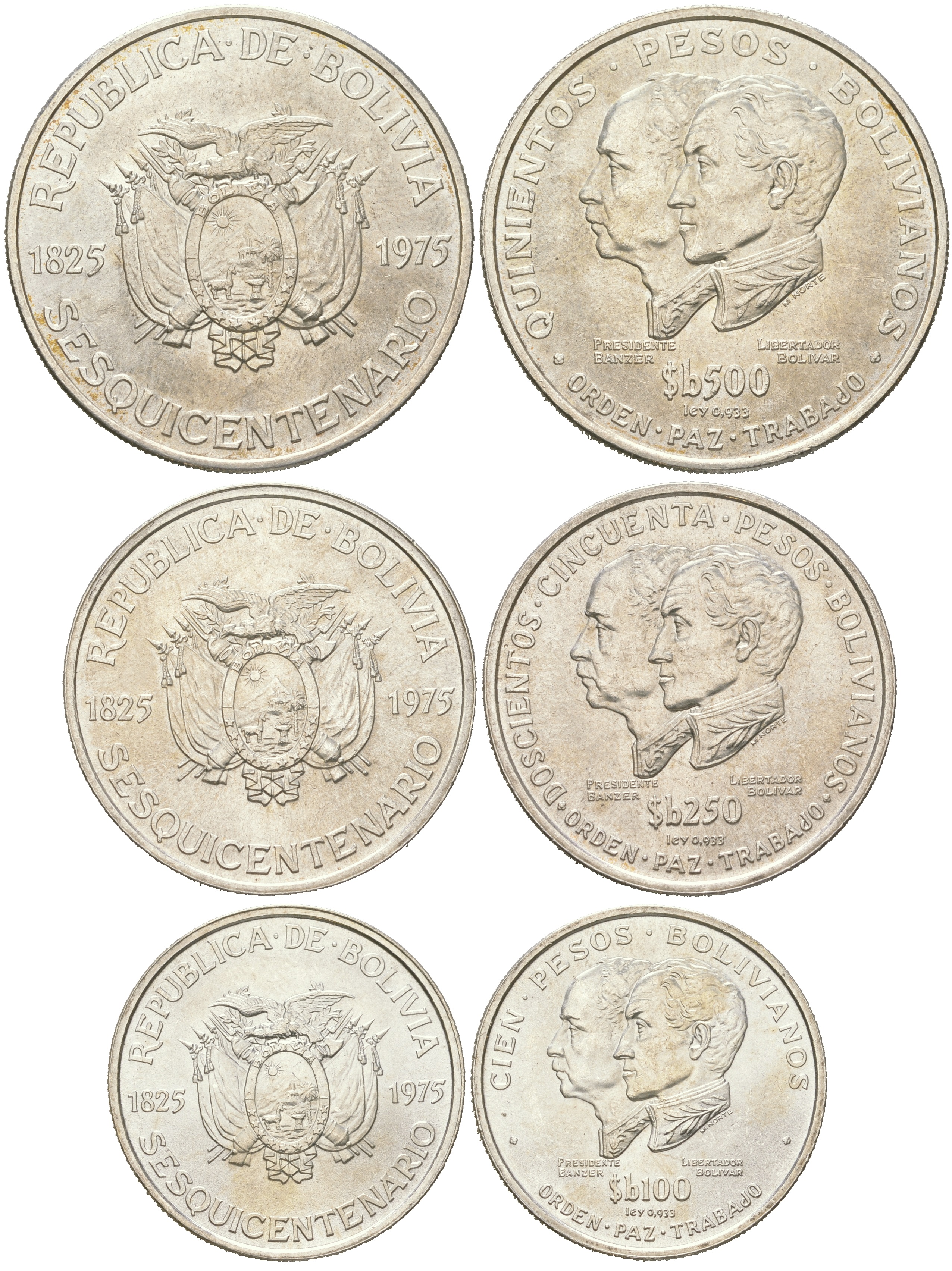 Боливия 100, 250 и 500 песо 1975 150 лет независимости KM 194, 195, 196 серебро  UNC  413-1941