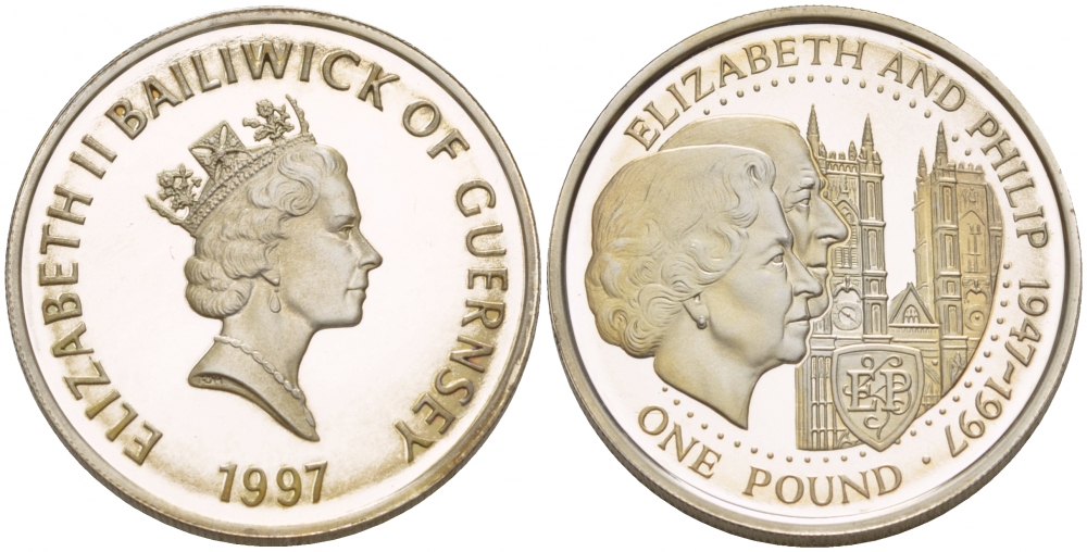 Гернси 1 фунт 1997 Елизавета и Филлип, золотая свадьба KM 70 серебро PROOF 1096-1-14