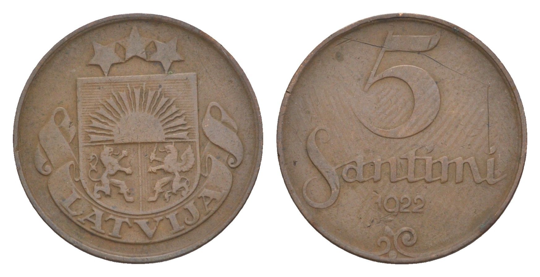 Латвия 5 сантимов 1922 KM 3 бронза 4636-241