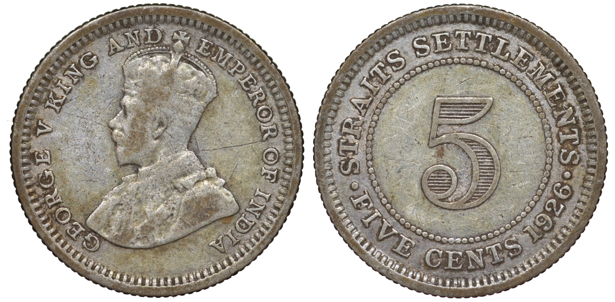 Стрейтс-Сетлментс 5 центов 1926 Георг V (1910-1936) КМ 36 серебро 53-519