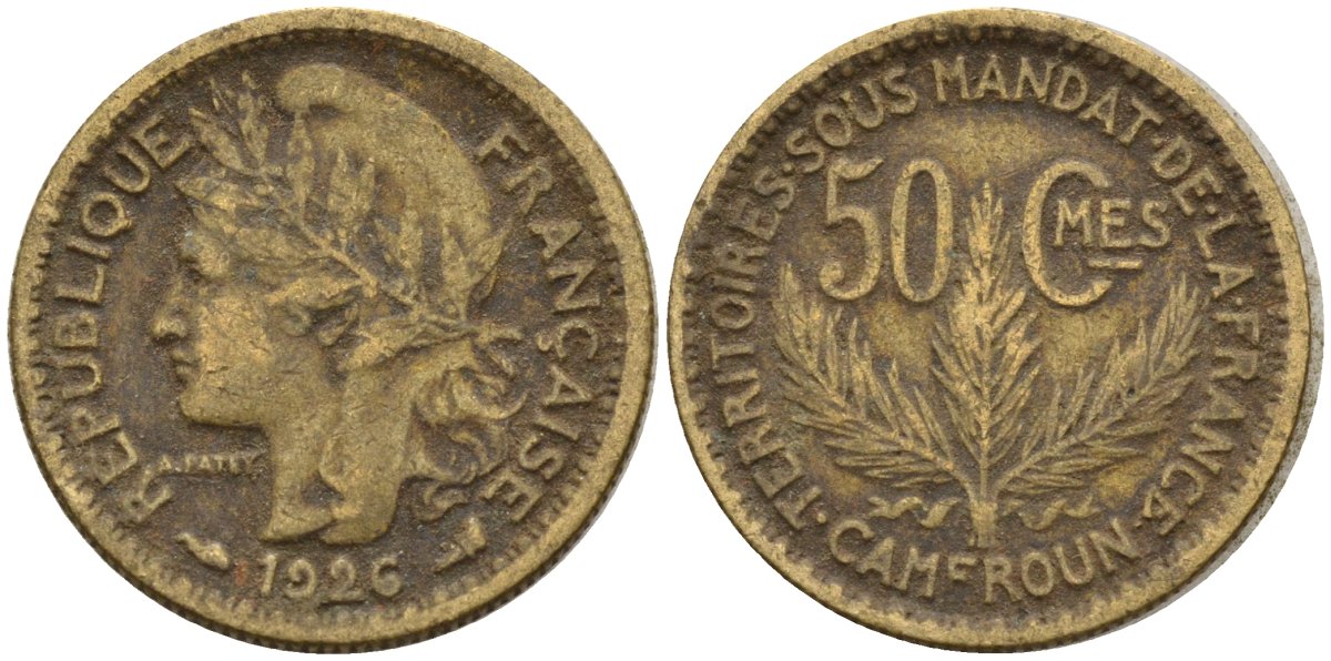 Камерун 50 сантимов 1926 (a), мондвор Париж KM 1 алюминиевая бронза 4169-1213